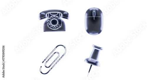Office communication vintage telephone computer mouse paper clip and push pin