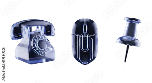 Modern office communication tools with vintage phone computer mouse and pin