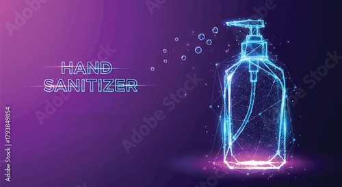 Futuristic hand sanitizer with geometric design and neon glow effect illustration