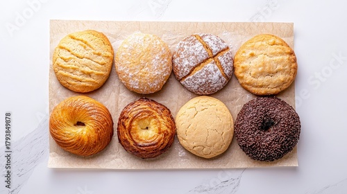 Variety of Freshly Baked Pastries on a White Wooden Table Displaying Sweet Treats