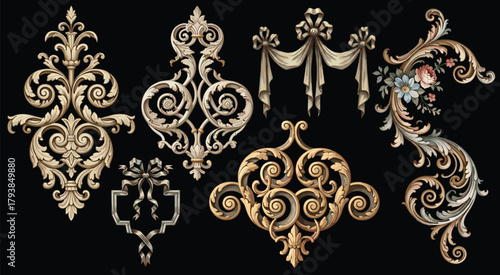 Elegant baroque and rococo floral ornament set with scrolls, leaves, and vintage acanthus decorations on black background.