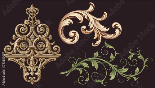 Elegant baroque and rococo floral ornament set with scrolls, leaves, and vintage acanthus decorations on black background.