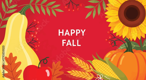 Happy Fall festive design with pumpkins apple corn and sunflower