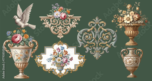 Floral decorative vector elements set, rococo and baroque style, vintage royal details. engraving illustration set