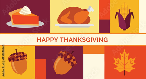 Happy Thanksgiving festive arrangement with holiday foods and autumn elements