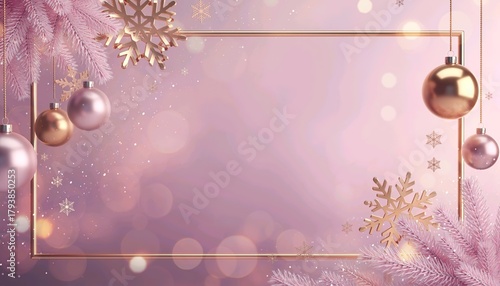 Elegant pastel pink Christmas frame featuring gold ornaments forming festive border