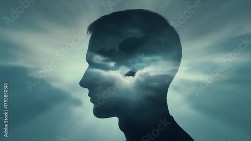 Silhouette of a mans head with clouds inside, representing thoughts and mental state.