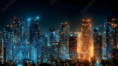 A futuristic city skyline glows with vibrant neon lights at night.
