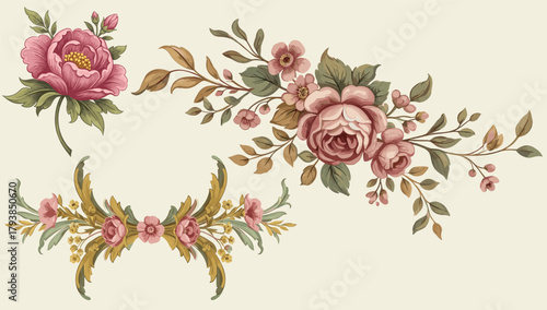 Elegant baroque floral elements featuring detailed roses, swirling acanthus ornaments, and vintage botanical styling in rich colors.