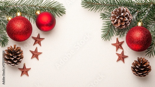 Festive Christmas Decorations with Red Baubles, Pinecones, and Evergreen Branches on a Rustic Background