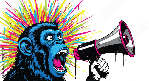 Loud Colorful Monkey Shouting into Megaphone with Dynamic Energy and Expression