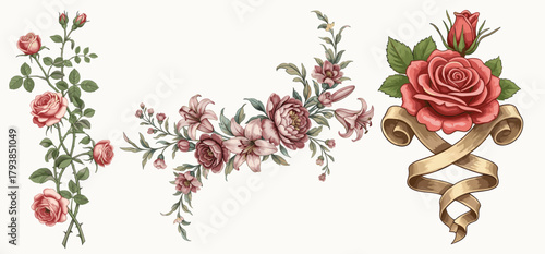 Elegant baroque floral elements featuring detailed roses, swirling acanthus ornaments, and vintage botanical styling in rich colors.