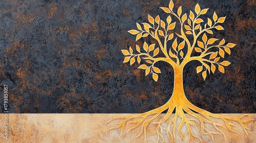 Elegant Golden Tree with Root System on Dark Textured Background for Nature and Growth Symbolism