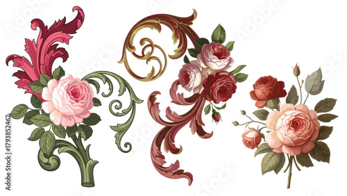 Elegant baroque floral elements featuring detailed roses, swirling acanthus ornaments, and vintage botanical styling in rich colors.