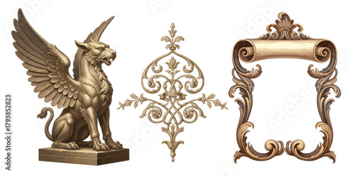 Set of ornate baroque elements featuring a winged griffin statue, scroll flourishes, decorative frames, and vintage banner.