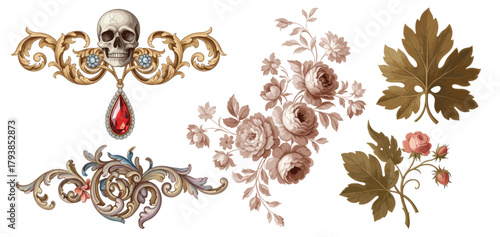 Elegant baroque floral ornament with skull, dove, and vintage gold scrolls, symbolizing life, death, and beauty.