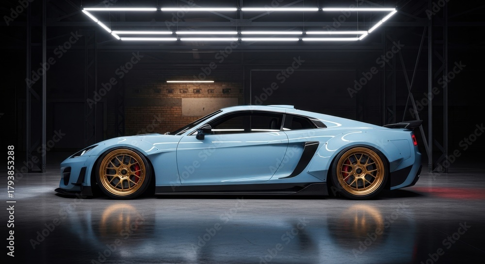 Obraz premium Custom Luxury Sports Car: Side View of a Light Blue Tuned Sports Car with Wide Body Kit and Gold Wheels in a Dark Garage for Automotive Design and High Performance