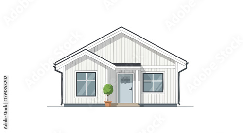 Charming minimalist illustration of a cozy white house with a gabled roof and potted plant displaying architectural simplicity