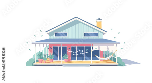 Stylized Lakeside Cottage Illustration with Hammock and Potted Plants for Relaxing Vacation getaway