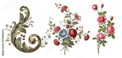 Elegant baroque floral elements featuring detailed roses, swirling acanthus ornaments, and vintage botanical styling in rich colors.
