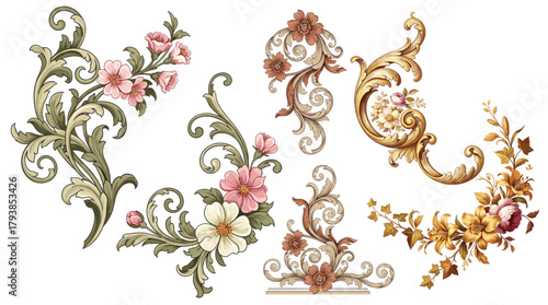 Elegant baroque floral elements featuring detailed roses, swirling acanthus ornaments, and vintage botanical styling in rich colors.