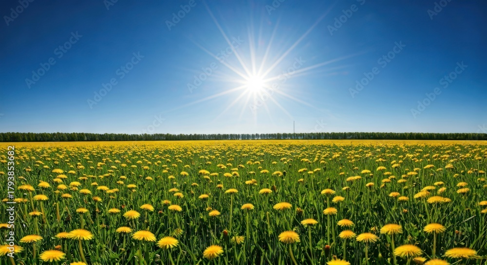 Fototapeta premium A brilliant sun radiates over a vast field of yellow flowers, under a bright blue sky