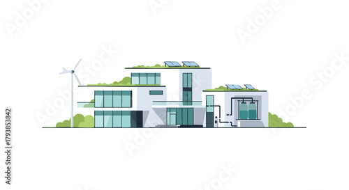 Sustainable living showcase: Modern house with green roof, solar panels, and wind turbine exhibiting eco-friendly technologies and design for a