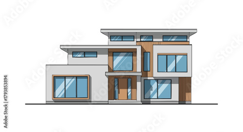 Architectural visualization of a modern two-story house with a flat roof and large windows showcasing contemporary home design and urban living