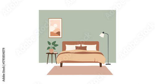 Serene bedroom illustration with minimalist aesthetic, soft color palette, and calming atmosphere reflecting tranquility and relaxation