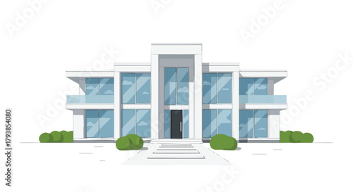 Architectural Visualization: Modern Two-Story House with Expansive Windows and Landscaped Grounds showcases sleek design and contemporary aesthetic