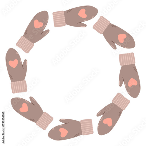 Simple vector illustration of cute grey knitted mittens arranged in a circular frame. Winter holiday design, Christmas decoration, isolated on white background, perfect for greeting cards and prints