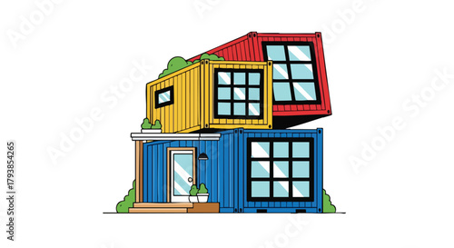Colorful stacked shipping containers create a unique and modern architectural illustration with a vibrant and playful aesthetic
