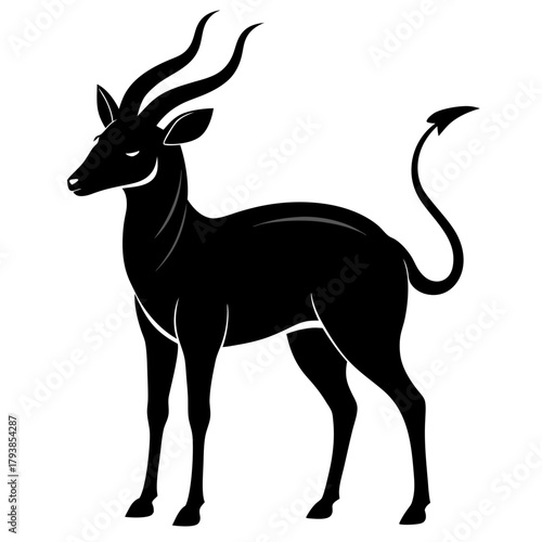 Stylized black silhouette of a creature resembling a devil antelope with a curly tail