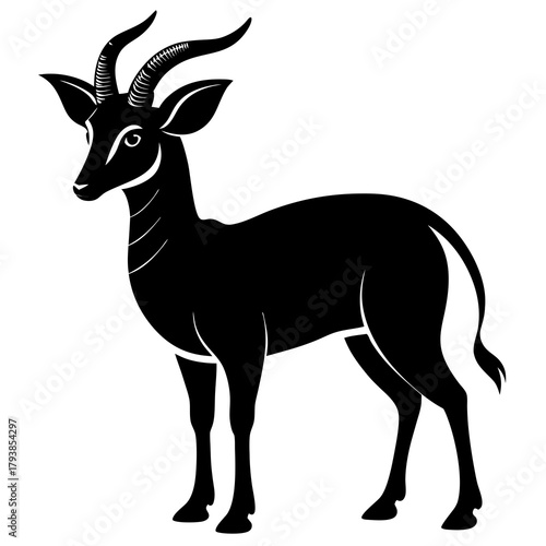 Stylized black silhouette of a gazelle with curved horns standing on a