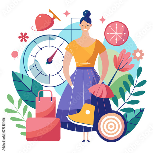 Woman with shopping bags and clock, representing shopping and time management