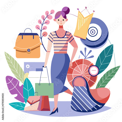 Woman with shopping bags and clock, representing shopping and time management
