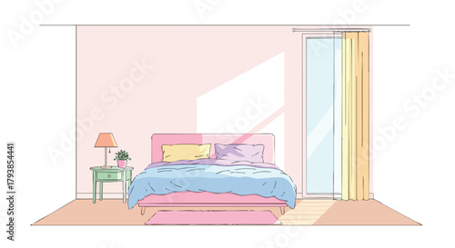 Cozy Bedroom Scene with Natural Light and Pastel Colors, Illustrating Interior Design and Serene Atmosphere with Simple Artistic Style