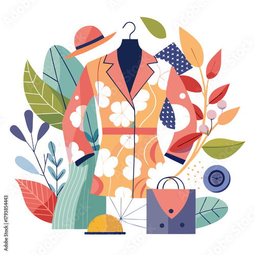 Flat illustration of a stylish outfit with a floral jacket, hat, and handbag, surrounded by tropical leaves and plants, representing fashion and summer style