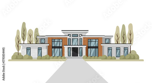 Contemporary flat illustration featuring an exclusive single-family house design and natural environment with green trees and bushes against a plain