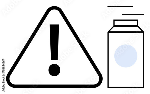 A bold exclamation mark inside a triangle highlights a caution sign beside a vibrating milk carton. Ideal for safety awareness, allergy warnings, cautionary messages, risk management, food safety