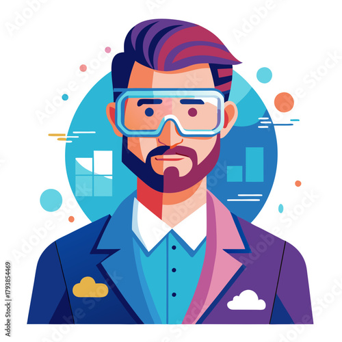 Man wearing virtual reality goggles, representing technology and innovation, with abstract background elements like charts and circles