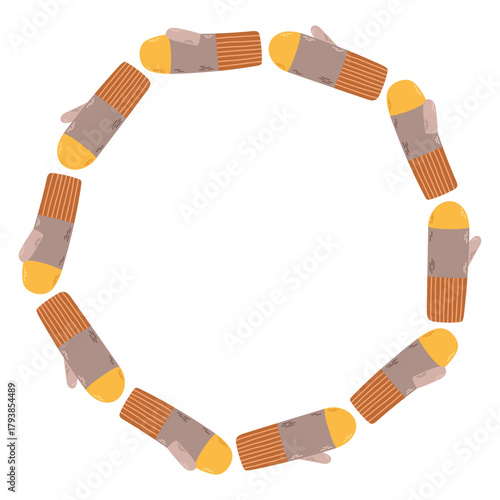 Simple vector illustration of cute knitted mittens arranged in a circular frame. Winter holiday design, Christmas decoration, isolated on white background, perfect for greeting cards and prints