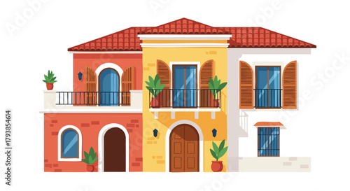 Vibrant Mediterranean architecture design showcasing colorful buildings with balconies and classic tiled roofs creating an appealing visual narrative