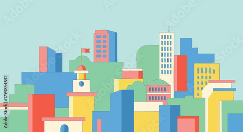 Vibrant Metropolis: A Simplified and Colorful Cityscape Illustration Depicting Urban Life and Architecture  featuring Buildings and Structures