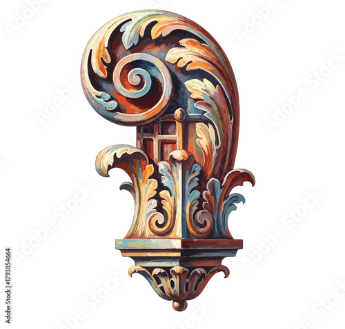 Colorful baroque scroll ornament with detailed acanthus leaves and vintage carving style, painted in rich classical tones.