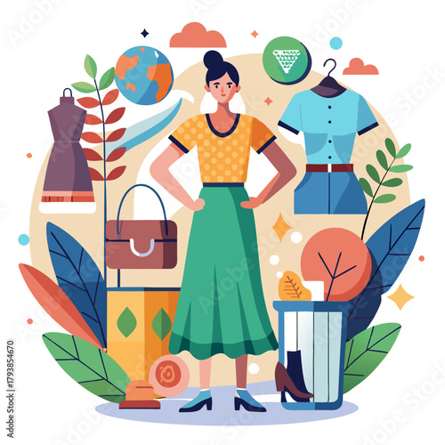 Stylish woman in a green skirt and yellow top, surrounded by clothing items, plants, and a globe, representing conscious fashion consumption