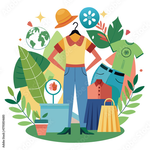Woman surrounded by clothes and plants, symbolizing sustainable fashion and ecofriendly choices, with a globe and shopping bag
