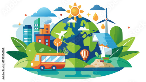 Illustration of a globe with cities, airplane, hot air balloon, and bus, representing global urban and sustainable travel with renewable energy sources