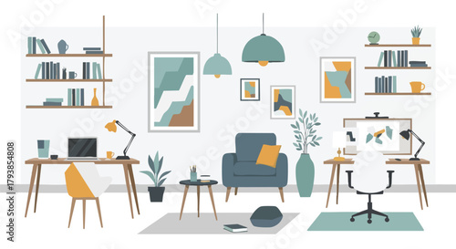 Cozy and functional home office setup with a minimalist aesthetic featuring a blend of workspaces and relaxation area