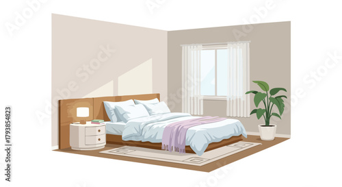 Cozy bedroom illustration with natural light, plants, and comfortable furniture design for relaxation and restful sleep atmosphere